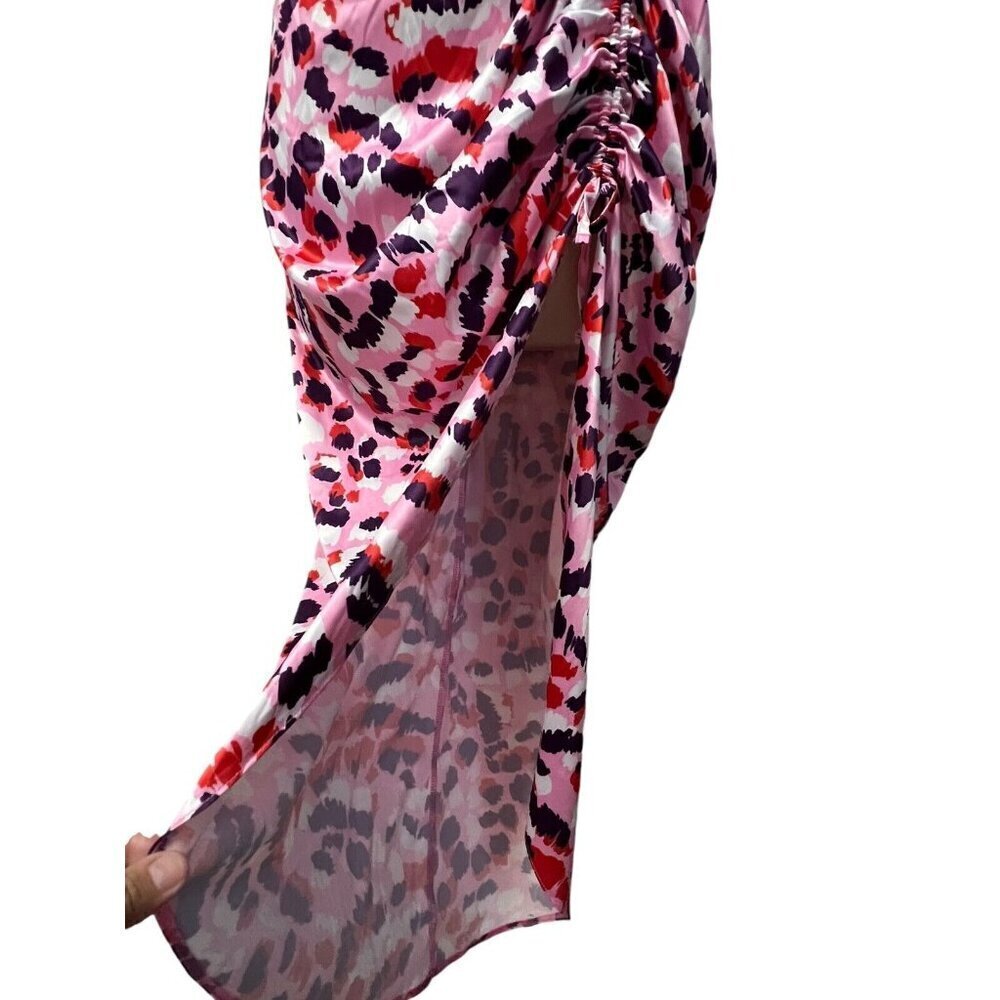 Asos Design Midi Dress Size 4 Satin Cami Pink Purple Leopard‎ Ruched Side Party - Picture 8 of 16